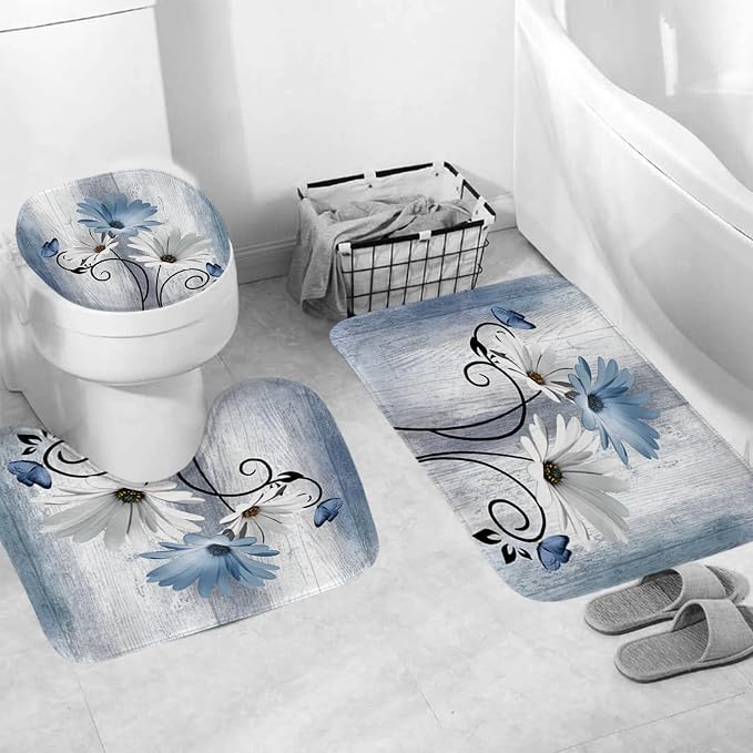 Onalasyc 4PCS Blue Daisy Flowers Plants Shower Curtain Set, Shower Curtain and Carpet and Accessories, Waterproof Bathroom Shower Curtain Decorative Set, with 12 pcs Hooks,71 x 71in