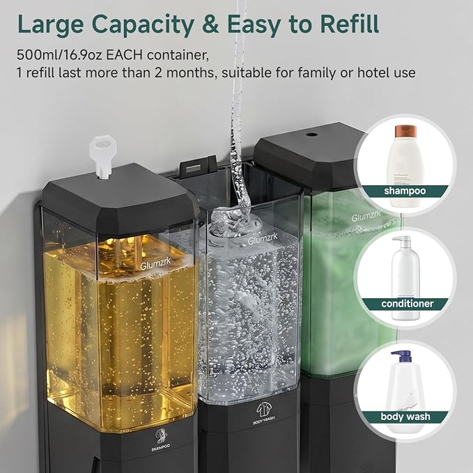 Shampoo and Conditioner Dispenser 3 Chamber 17oz No Drill Shower Soap Dispenser Wall Mounted Shampoo Conditioner Body Wash Refillable Bathroom Shower Dispenser (Black+Smoke Gray 3 Chamber)