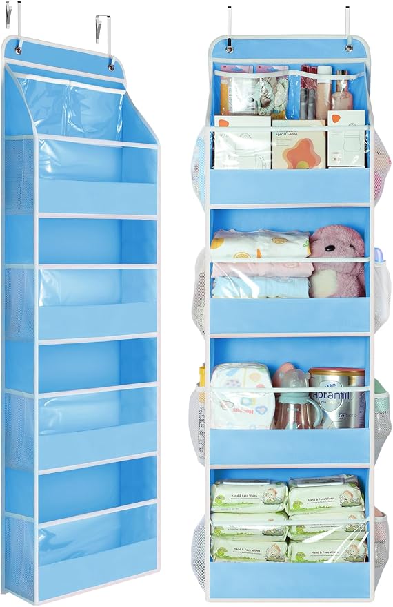 Yecaye 5 Tier Over the Door Organizer, Stuffed Animal Storage with Clear PVC Windows, Pink Room Decor for Dorm Essentials Bedroom Nursery Closet Laundry Pantry Bathroom, Soft Sky Blue