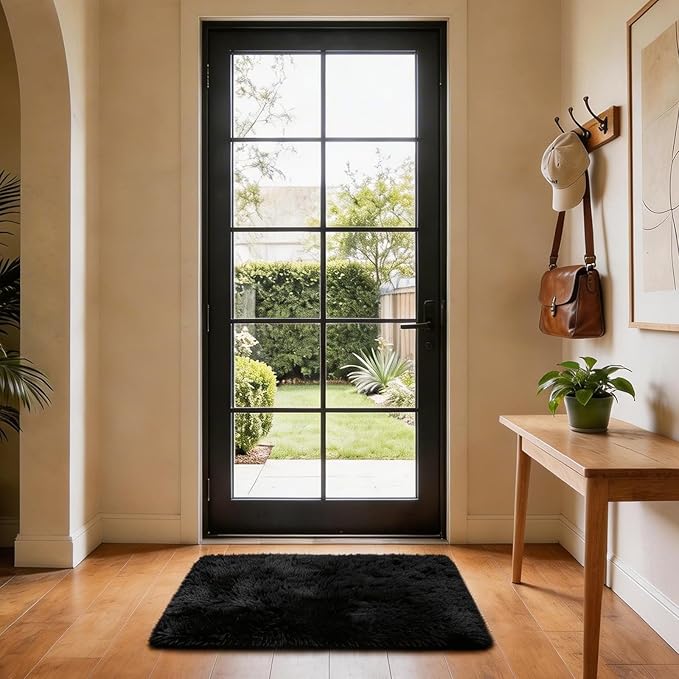 Ophanie Small Black Entryway Throw Rugs for Bedroom, 2x3 Mini Area Rug, Affordable Non Slip Fluffy Carpet, Fuzzy Soft Living Room Rug, Home Decor Aesthetic, Nursery