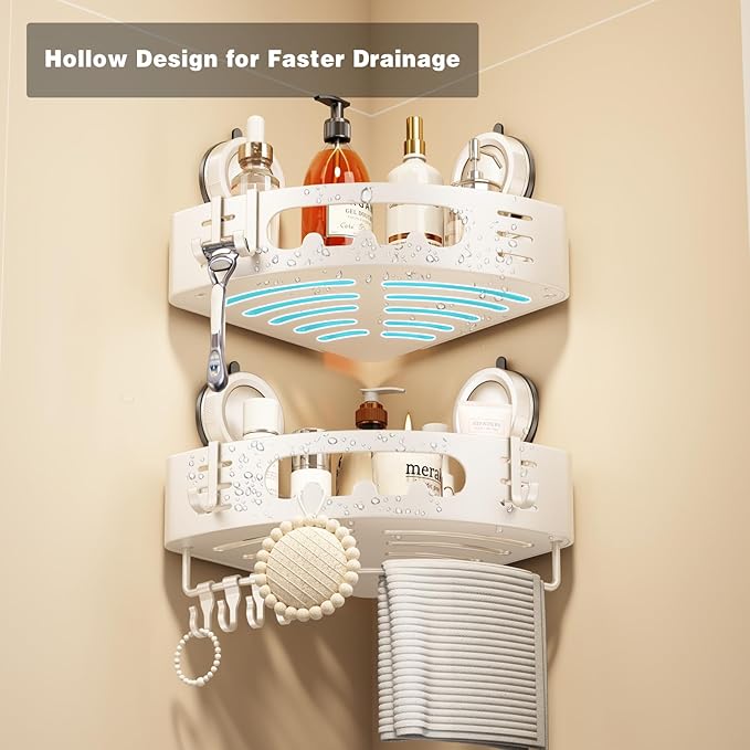 Voldra Corner Shower Caddy Suction Cup, Aluminum Corner Shower Shelves for Wall No Drilling, Large Suction Cup Shower Organizer with Towel Bar & Hooks Removable Bathroom Storage (1 Pack-Cream White)