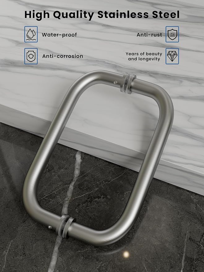 Shower Door Handle, 8 Inch Hole Centers (CTC), 304 Stainless Steel Back-to-Back Glass Door Pull Replacement Hardware for Frameless Sliding Bathroom Doors, Heavy Duty Tubular Grip, Brushed Nickel