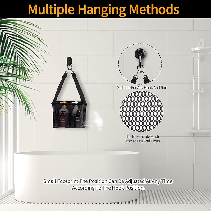 4 Storage Pockets Adjustable Hanging Mesh Bathroom Bag, Shower Caddy College with Hooks, Applied to College Dorm Rooms, Gym, Swimming and RV Travel (Black)