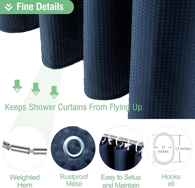 Dynamene Stall Fabric Shower Curtain - 36x72 Waffle Weave Weighted Cloth Shower Curtains for Bathroom, Neutral Heavy Duty Hotel Spa Luxury Bath Curtain Set with 6 Plastic Hooks,Navy Blue
