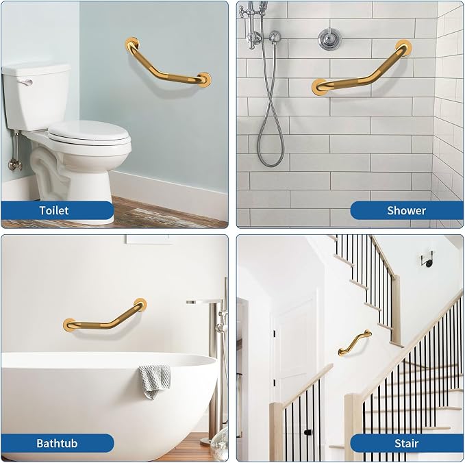 16 Inch Munzong Shower Grab Bars for Seniors, Gold Angled Anti Slip Grab Bars for Bathtubs and Showers Safety Hand Rail Support Handicap Elderly Injury Senior Assist Bath Handle