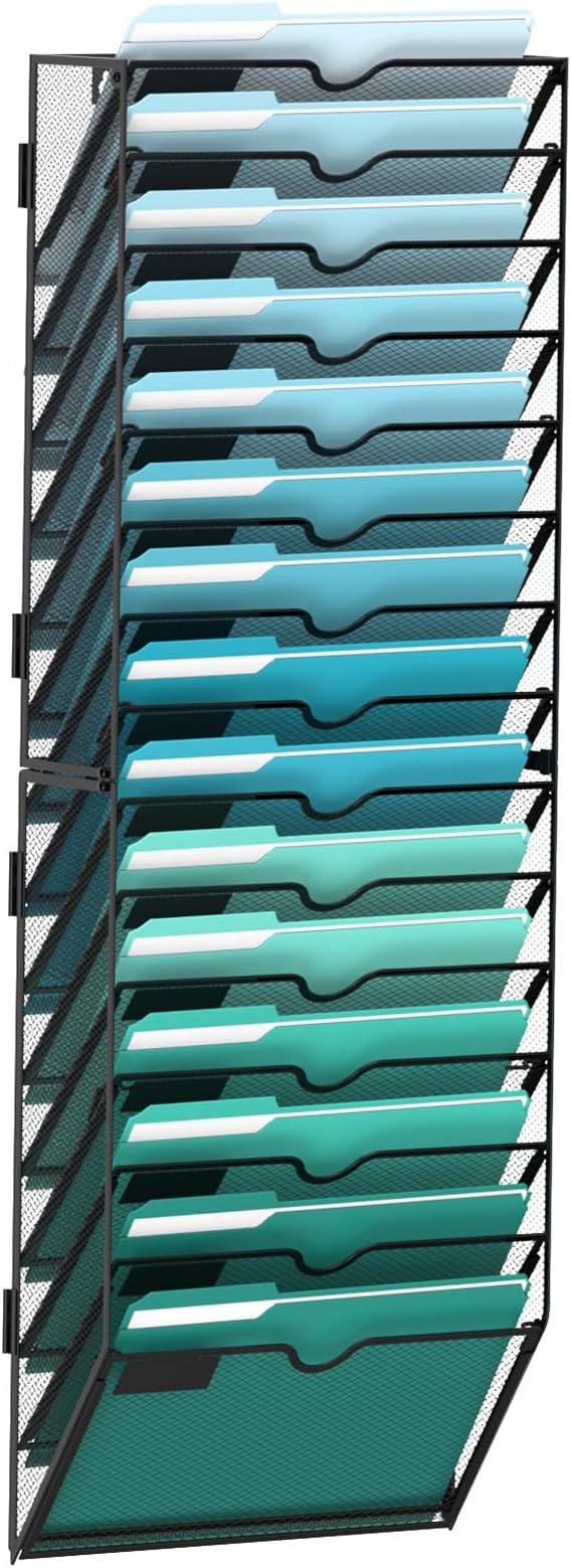 SUPEASY 15-Tier Wall File Organizer, Hanging Wall Files for Papers, Folders, Magazines, Clipboard, Wall Organizer for Office Home School Classroom, Black