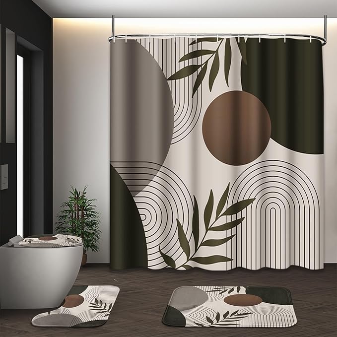 Boho Shower Curtain Set with Toilet Lid Cover and Non-Slip Rugs, Vintage Brown and Beige Tan Taupe Minimalist Geometric Mid Century Leaf 4 Pcs Shower Curtain for Bathroom Set with 12 Hooks