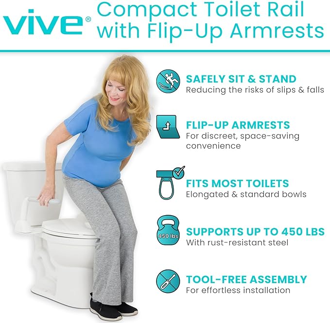Vive Toilet Safety Rail with Flip-Up Handles - 450 lb Capacity Senior Safety Frame for Elderly & Disabled - Handicap Grab Bar Riser Stand Assist with Arms for Bathroom Assistance & Raised Toilets