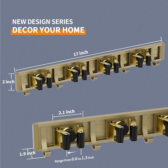 reliahom Broom Holder Wall Mount, 4 Racks with 5 Hooks Bronze - Mop Storage Tool Racks, Broom Hanger Tool Organizer for Garage, Kitchen, Garden, Laundry Room