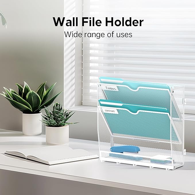 Wall File Organizer - Hanging File Organizer with 5 Hooks, Mail Holder Wall Mounted for Papers, Folders, Magazines, Bills, 3 Tier Office&School Organization, White
