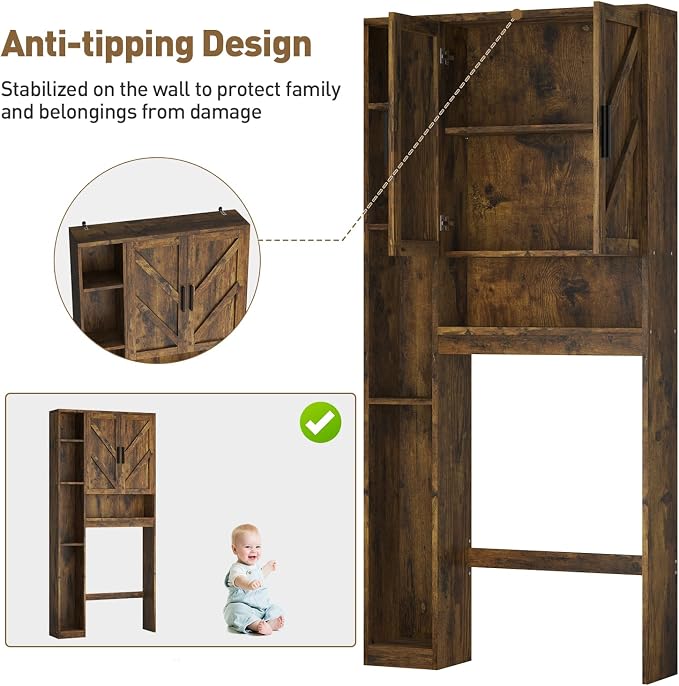 Over The Toilet Storage Cabinet with 7 Storage Shelves, Above Toilet Bathroom Organizer with Toilet Paper Holder Stand, Behind Toilet Cabinet, Space Saver for Restroom, Bathroom, Laundry, Brown