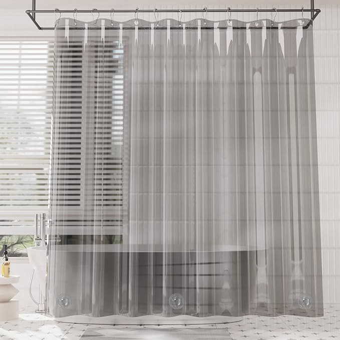 AmazerBath Premium EVA Shower Curtain Clear Grey, Luxury Shower Curtain Grey Jelly-Like Soft, Waterproof Bathroom Curtain with 3 Weighted Stones and 12 Grommets, Recyclable Packaging