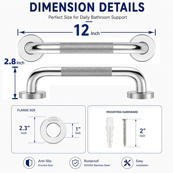 12 Inch Grab Bars for Shower,Chrome Anti Slip Grab Bar for Bathtubs Showers Toilet, Stainless Steel Safety Shower Grab Bar,Wall Mounted Shower Handle Handicap Bars for Senior Elderly