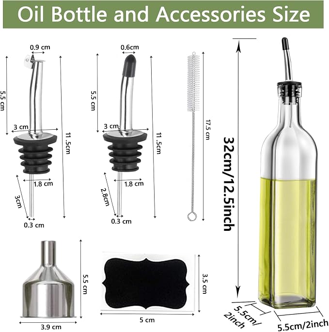 Leaflai Olive Oil Dispenser Bottle, 2 Pcs Glass Olive Oil Dispenser and Vinegar Dispenser Set with 2 Stainless Steel Pourers, 4 Labels,1 Brush and 1 Funnel Oil Bottles for Kitchen (500ml)