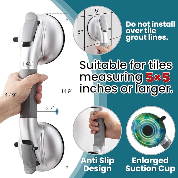 TAILI Grab Bars for Bathtubs and Showers,2 Pack Shower Handles for Elderly Suction,Maximum 330lbs,Shower Bar with Upgraded Rubber Suction Cups,Safety Grip for Senior, No Drilling Removable,Silver