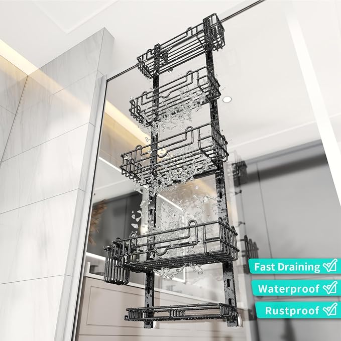 HapiRm 5 Tier Over the Door Shower Caddy, Hanging Shower Caddy with 28 Hooks and 2 Toothbrush Holders, No Drilling Adjustable Hanging Bathroom Organizer - Black