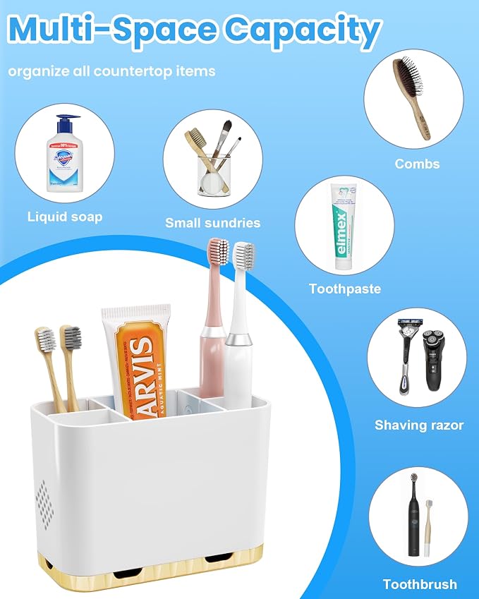 Toothbrush and Toothpaste Holders for Bathrooms Countertop - Detachable 5 Slots Kids Electric Toothbrush Holders Set Wall Mounted with Removable Dividers for Bathroom Decor and Accessories Organizer