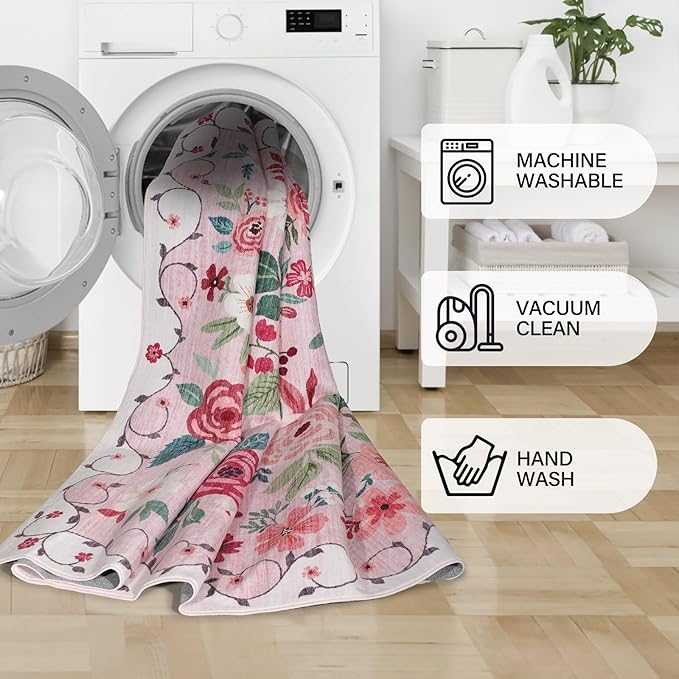 DUKINO 6x9 Area Rug, Floral Rugs for Living Room, Lightweight Non Slip Washable Rug, Indoor Low Pile & Non-Shedding Boho Design Rugs for Bedroom, Living Room, Dining Room, Pink