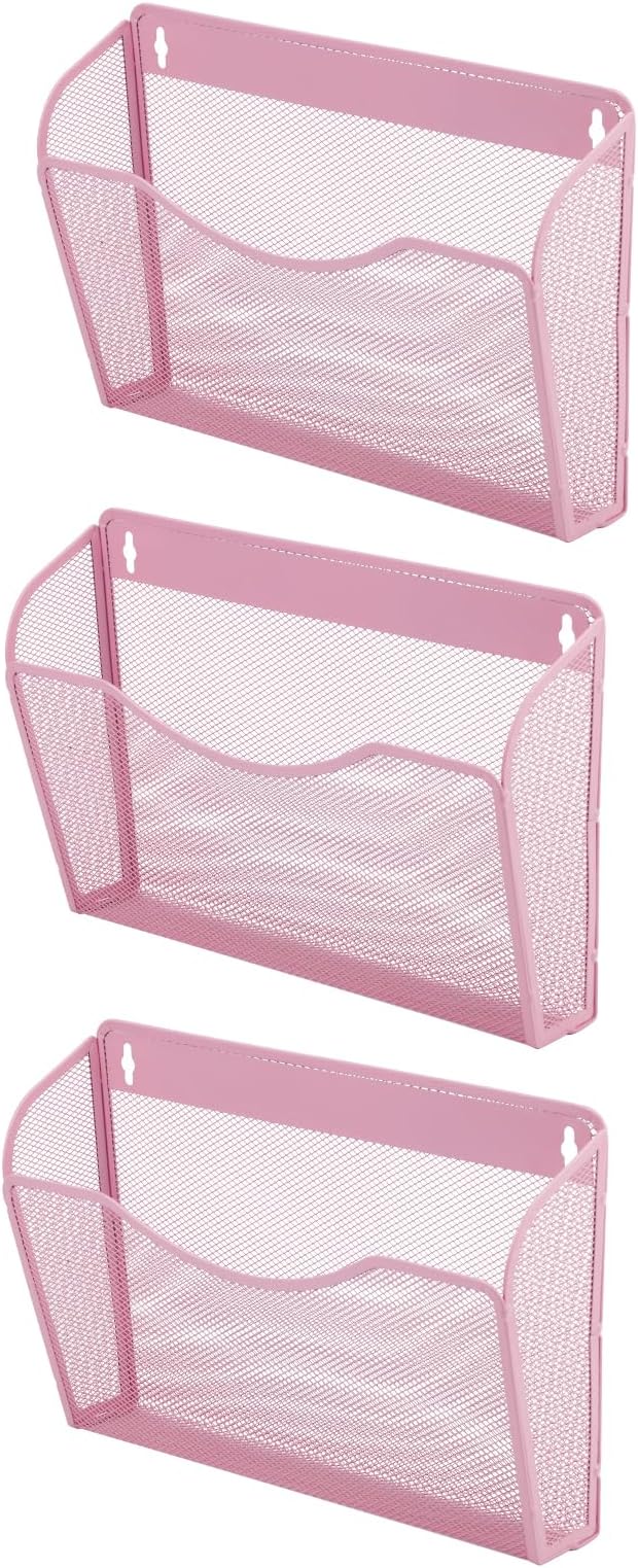 EASEPRES 3 Single Pocket Mesh Hanging File Organizer, Vertical Wall Mounted Magazine File Holder, Mount Basket Mail Paper Document Folder Organizing for Office, Home and School, Pink