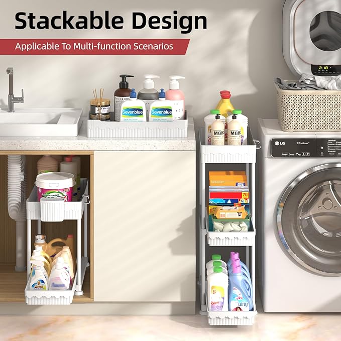 Sevenblue Under Sink Organizer, Bathroom Organizers and Storage, 2 Tier Multi-Use Pull Out Cabinet Organizer with Hang Hooks and Cups (White, 4 Pack)