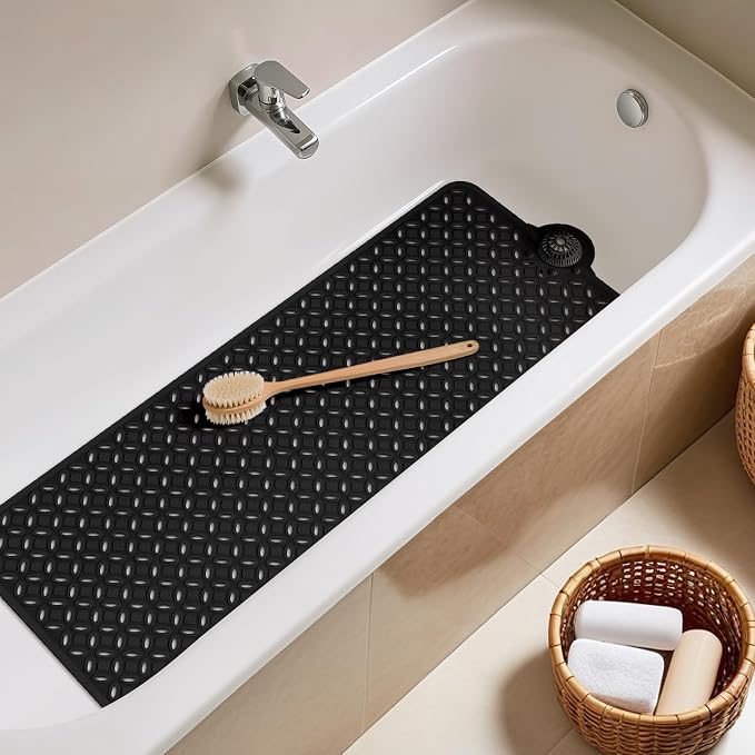OTHWAY Bath Mat for Tub Non Slip: 39" X 17" Long Bathtub Mat with Hair Catcher│Big Drain Holes Shower Mats for Inside Shower│Machine Washable (Black)