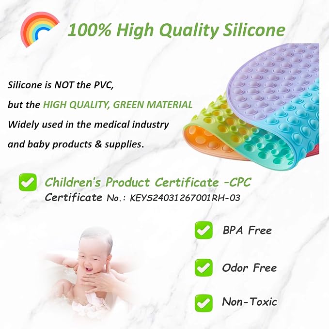 Pop It Bath Mat for Kids – Silicone Push Pop Sensory Toy, CPC Certified Non-Slip Rainbow Bathtub Mat with Suction Cups, Calming Stress Relief for Toddlers (27"x15")