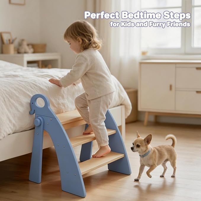 Wooden Step Stool for Toddlers, 3 Foldable Step Stool for Kids Bathroom Sink & Potty Training, Bamboo Toddler Stool with Blue Elephant Handles and Non-Slip Pads for Bedroom, Kitchen Helper