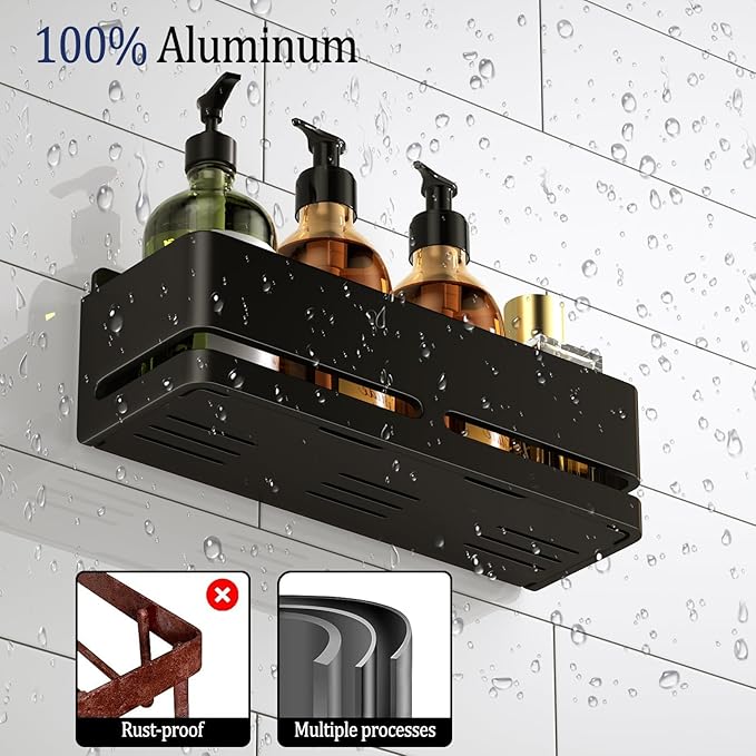 Bathroom Shower Caddy (5-piece Set), wall-Mounted Shelf with soap Dish and Toothbrush Holder, no Drilling Required, Ideal for Bathroom Storage and Also Suitable for Kitchen (Black)