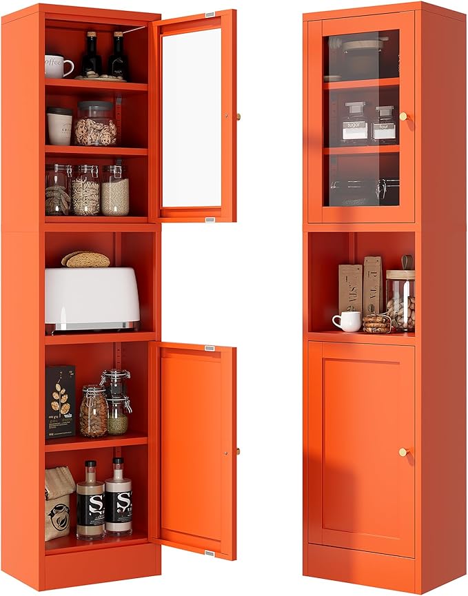 Slim Pantry Cabinet with Hutch, 67" Tall Narrow Storage Cabinets for Small Space,Narrow Metal Corner Cabinet with 3 Adjustable Shelves, Freestanding Tall Bathroom Cabinet for Entryway, Living Room