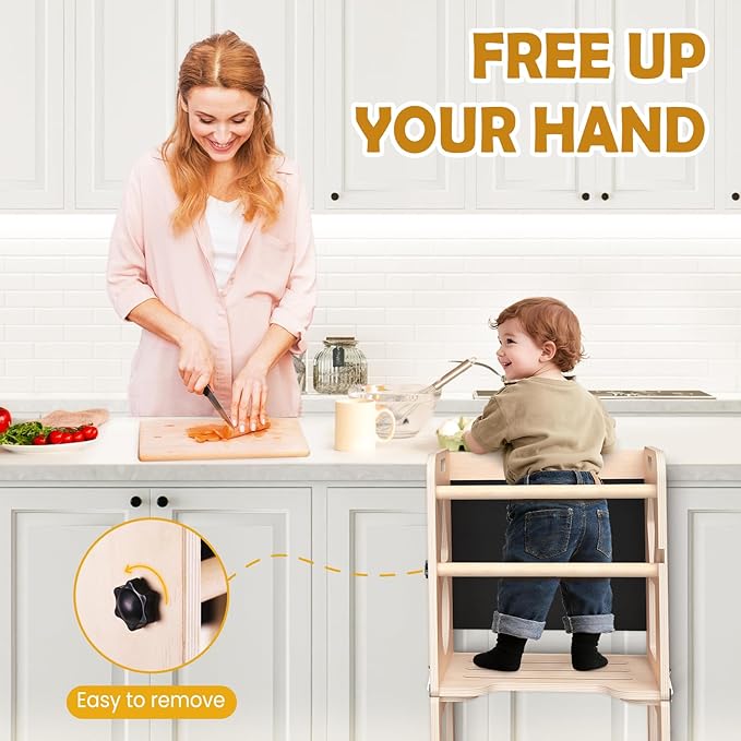 Toddler Standing Tower with Anti-Fall Buckle, 4-in-1 Anti-Slip Toddler Kitchen Step Stool with Blackboard, Foldable Wooden Kitchen Stool Helper for Kids, 1-3 Year Old Boy Girl Gifts