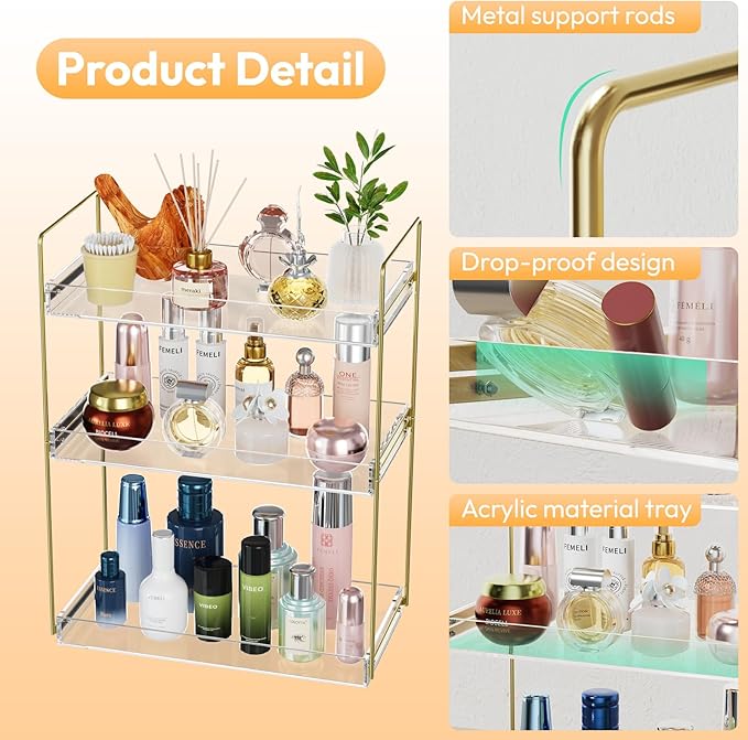 Bathroom Countertop Organizer, 3 Tier Acrylic Tray Vanity Counter Skincare Organizer Shelf, Kitchen Under Sink Standing Rack, Home Storage Holder for Lotion Makeup Cosmetics Perfume Spice, Gold | Vanity Counter