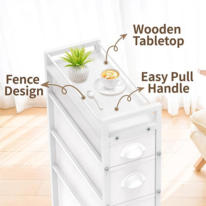 LASZOLA 4 Drawer Narrow Slim Cabinet Skinny Storage Tower Chest, Ideal for Small Spaces, Between Washer and Dryer, Lightweight Mobile on Wheels, Sturdy Fabric Drawers, White