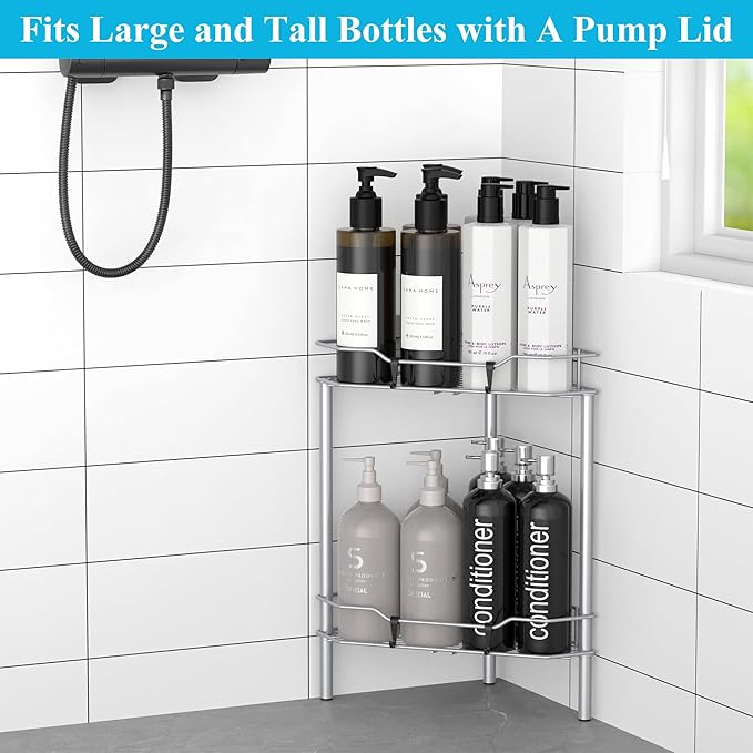 HuggieGems 2 Tier Floor Standing Corner Shower Caddy Organizer Shelf with Hooks, Bathroom Shelves Stand Rack, Silver