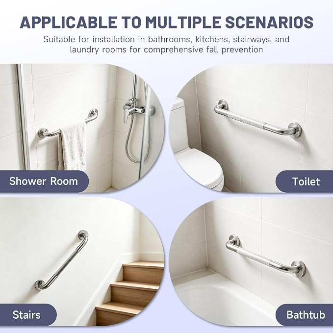 16 Inch Shower Grab Bar, Brushed Nickel Anti Slip Safety Bars, 304 Stainless Steel Bathroom Handrail, Handicap Grab Bars for Wall, Shower Grip Handle for Seniors Elderly Injury Assist Bath (1.25" Dia)