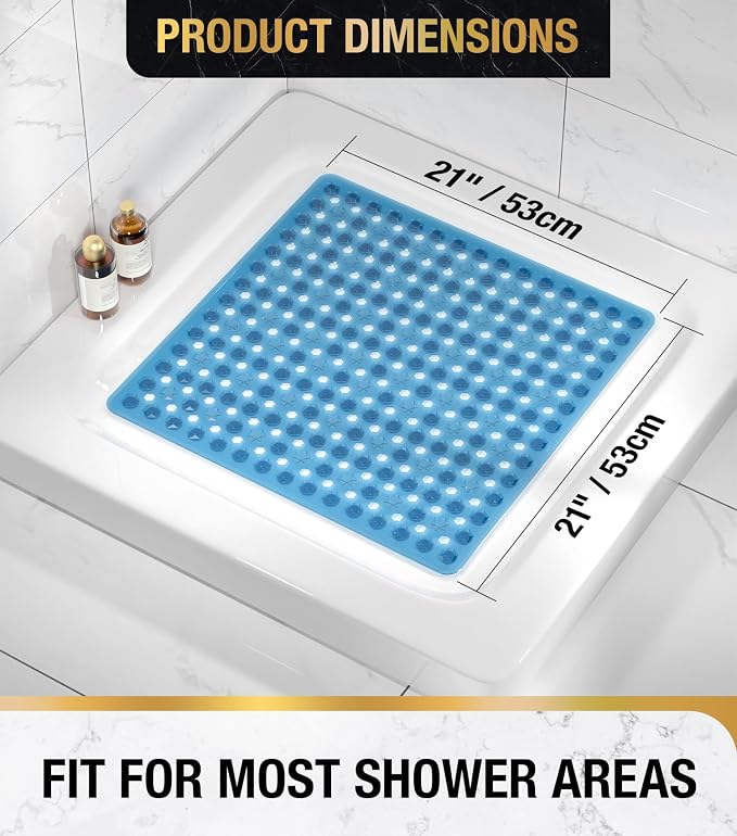 HITSLAM Shower Mat Anti Slip, Square Bath Mat for Tub Non Slip with Suction Cups and Drain Holes, 21x21 Inch Bathroom Shower Stall Floor Mat, Machine Washable, Soft on Feet, Blue