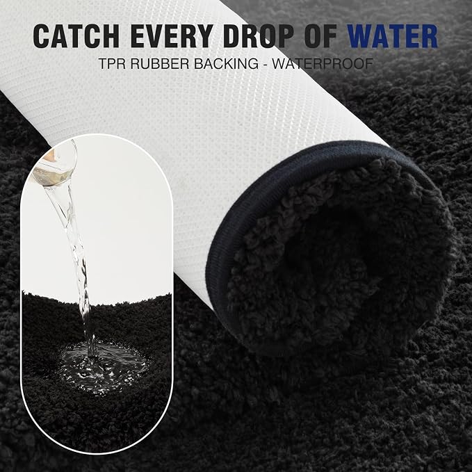 TECHMILLY U Shaped Super Soft Shaggy Bathroom Rugs, Absorbent Thick Non Slip Microfiber Toilet Rugs, Quick Dry Machine Washable Bath Mat for Bathroom Floor, Bathtub and Shower 24"x20" Black