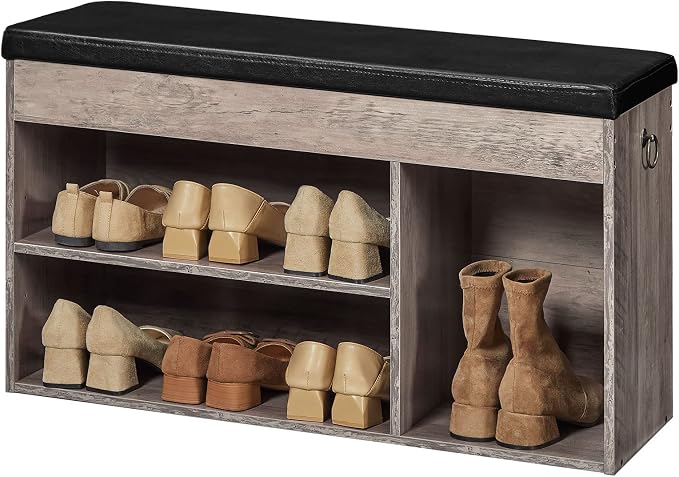 HOOBRO Shoe Storage Bench with Cushion, 32.3'' Entryway Bench with Lift Top Hidden Storage and Adjustable Shelves, Wooden Shoe Rack Bench for Entryway Bedroom, Rustic Brown and Black BG40HX01