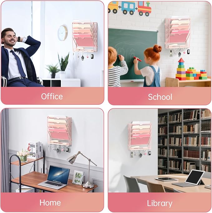 5 Tier Wall File Organizer - Hanging File Organizer with 5 Hooks, Mail Holder Wall Mounted for Papers, Folders, Magazines, Bills, Office&School Organization, Pink