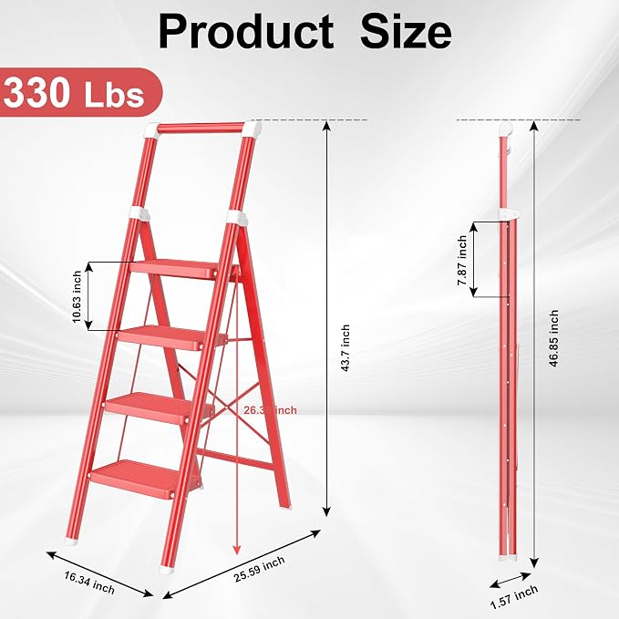 4 Step Ladder, DIAMONDFORGE Folding Step Stool with Wide Anti-Slip Pedal, Anti-Slip Feet and Handgrip, Sturdiest Steel Construction, Steel Ladder for Home, Red White