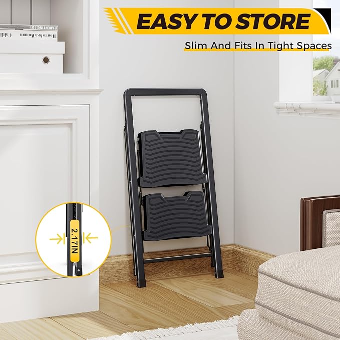 KINGRACK 2 Step Folding Ladder - Steel Step Stool with Handrail, Wide Pedal, 800 lbs Capacity – Foldable Heavy Duty Ladder for Home, Kitchen – Black
