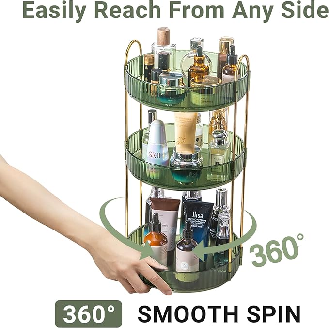 Asayuee 360 Rotating Perfume Organizer,3 Tier Large Capacity Make Up Organizers and Storage,Makeup Organizer for Bathroom,Cosmetic Perfume Stand Holder (Green-3 Tier)