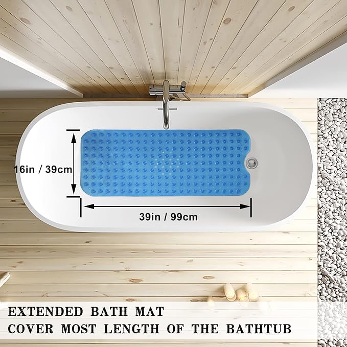 Bathtub and Shower Mats, Extra Long Non-Slip Bath Tub Mat 39 x 16 Inch, Machine Washable Bathmat with Suction Cups & Drain Holes for Bathroom Floor, Clear Royal Blue