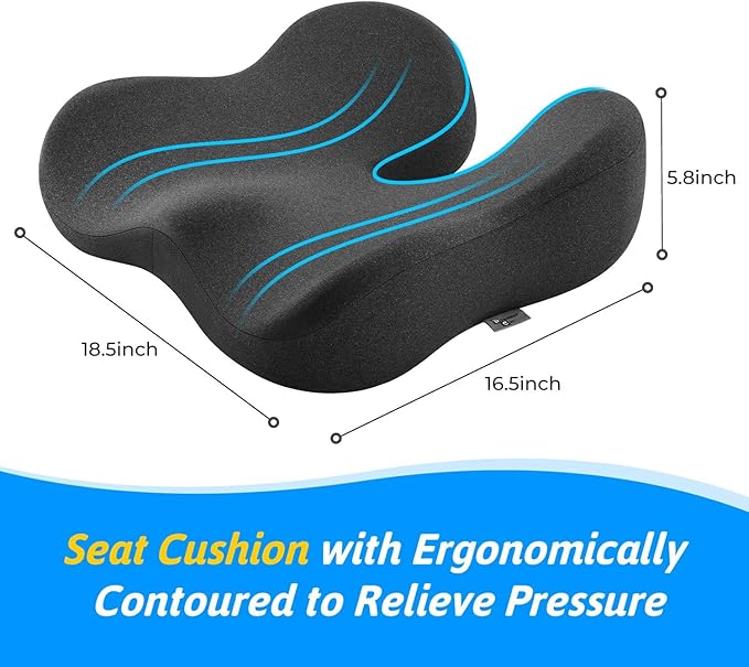 Seat Cushion for Tailbone & Sciatica Pain Relief – Certified & Ergonomist-Designed – Tapered Front Edge Reduces Thigh Pressure – Wide Memory Foam for Office Chair, Car, Wheelchair (Gray)