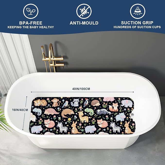 XIYUNTE Baby Bath Mat for Tub Non Slip Kids, BPA Free Extra Long Bathtub Mat 40x16 with Drain Holes and 200 Suction Cups, Non Toxic Machine Washable Toddler Bath Mat, Eco-Friendly Certified