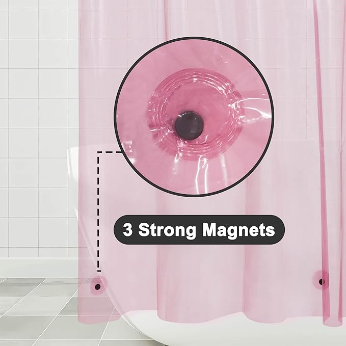 Barossa Design Shower Curtain Liner - Premium Clear Pink PEVA Shower Liner with 3 Magnets and Metal Grommets, Waterproof Lightweight Plastic Standard Size Bathroom Curtains - Translucent Pink