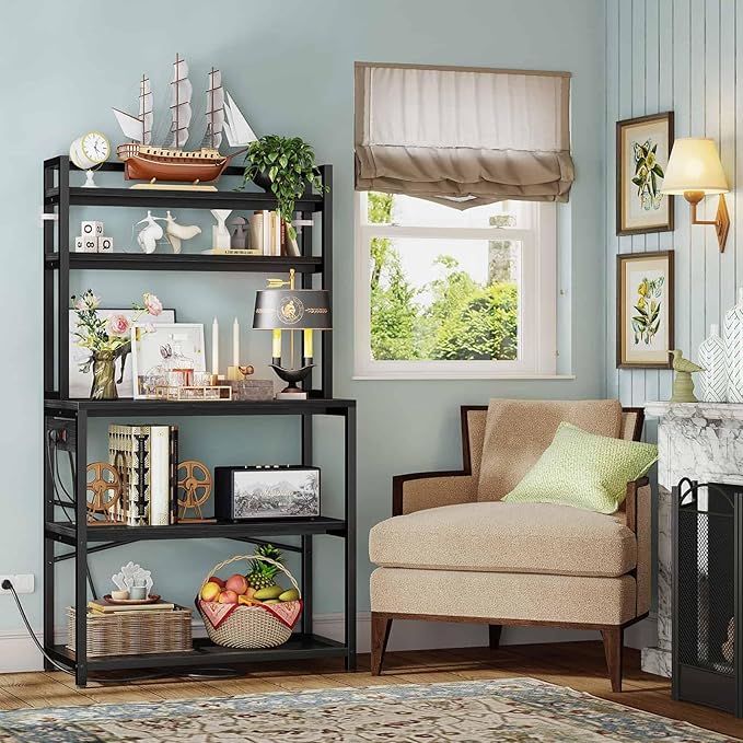 Denkee Large Bakers Rack with Power Outlets, 38 Inch Microwave Stand with Storage, 5-Tier Coffee Bar Stand, Industrial Kitchen Shelf Rack, Black