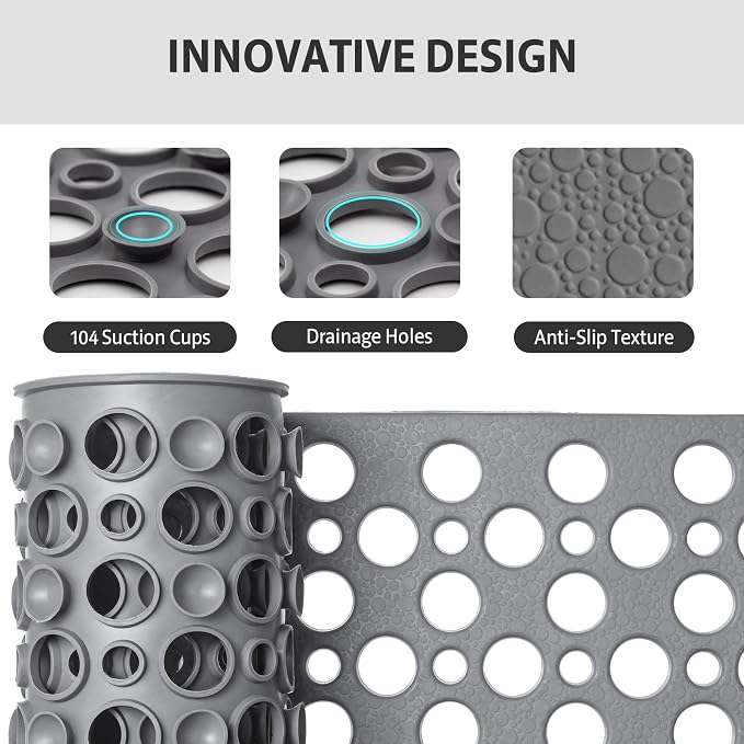 XIYUNTE Bath Mat for Tub Non Slip Shower Mat -28" x 15" Soft TPE Bathtub Mat Non Slip Shower Mats for Inside Shower, Anti Slip Shower Floor Mat with Suction Cups, Quick-Drying Bath Tub Mat, Grey