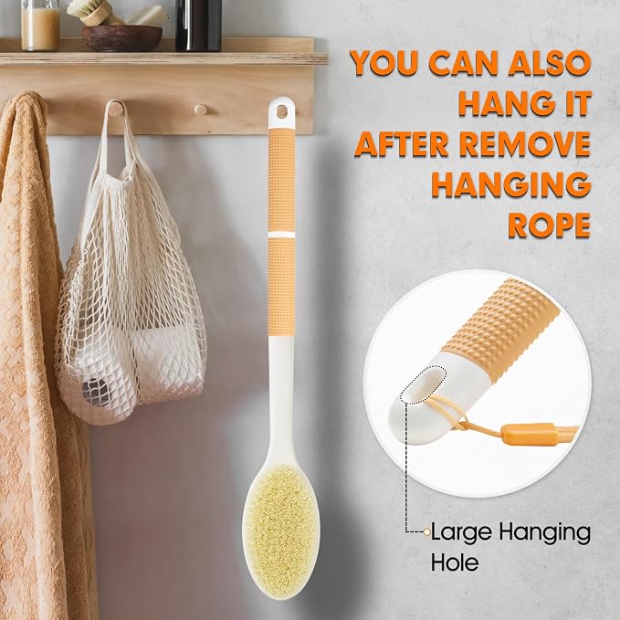 Backski Body Scrubber Anti Slip for Shower, Shower Brush Long Handle with Stiff and Soft Bristles, Body Wash Exfoliating Back Scrubber for Bath or Dry Brushing Body Brush(Orange)