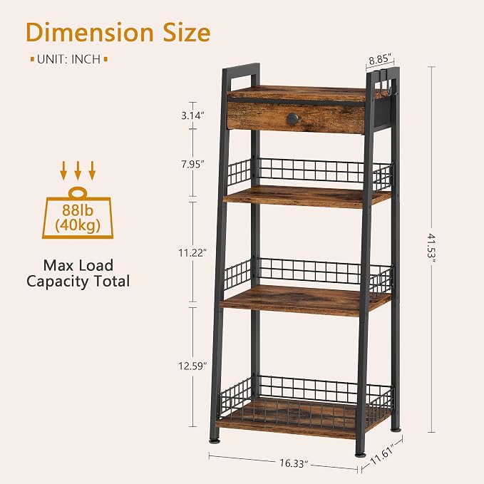 Gewudraw 4-Tier Ladder Shelf with Drawer, Bathroom Table Stand for Small Space, Bathroom Standing Shelves with Storage for Living Room Bedroom Kitchen, Organizer Shelf, Rustic Brown