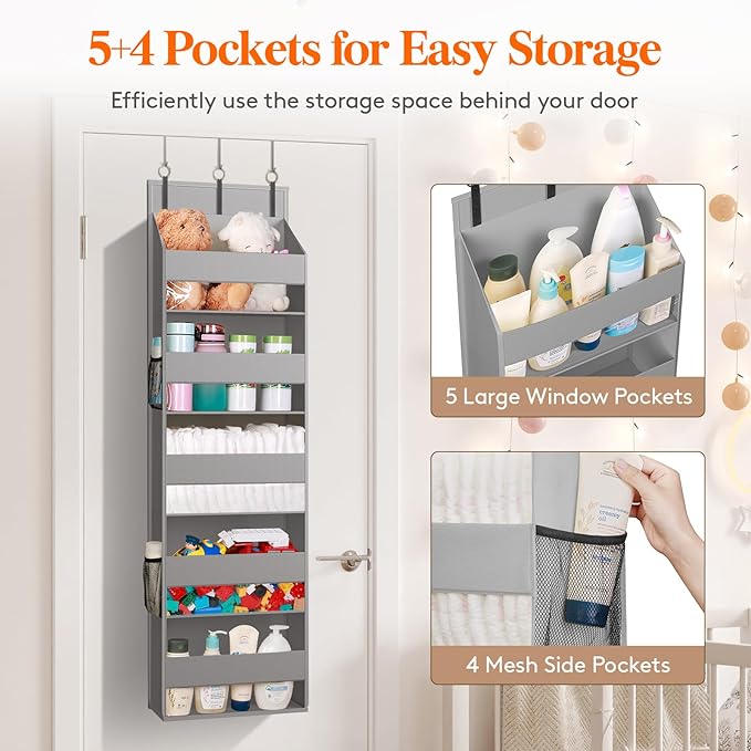 Lifewit 1 Pack Over the Door Organizer, Clear Window Hanging Storage with 4 Side Pockets, Anti Tilt 40 lbs Load Behind Door for Pantry, Nursery, Bathroom, Bedroom, Dorm, 5 Section, Gray